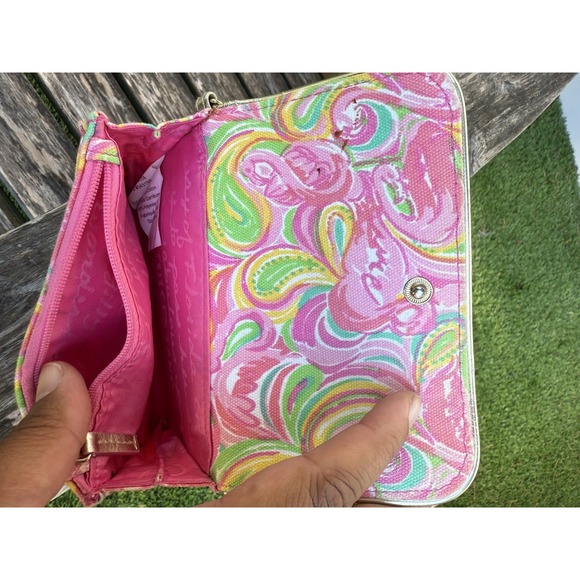 Lilly Pulitzer Floral It's a‎ Keeper Mini Wristlet Clutch Pink Gold Trim S - Picture 2 of 12